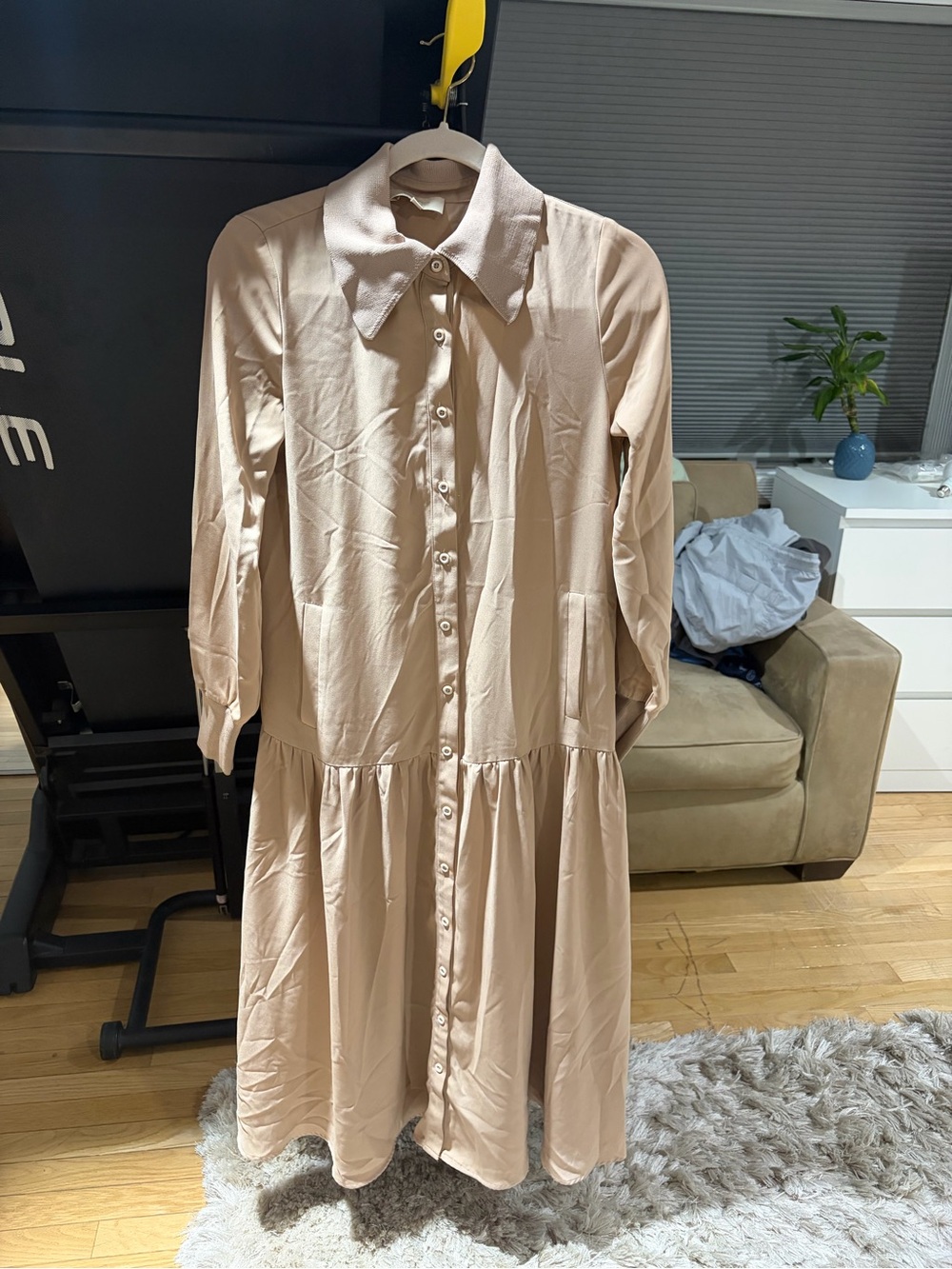 Women's Beige Button-Front Shirt Dress